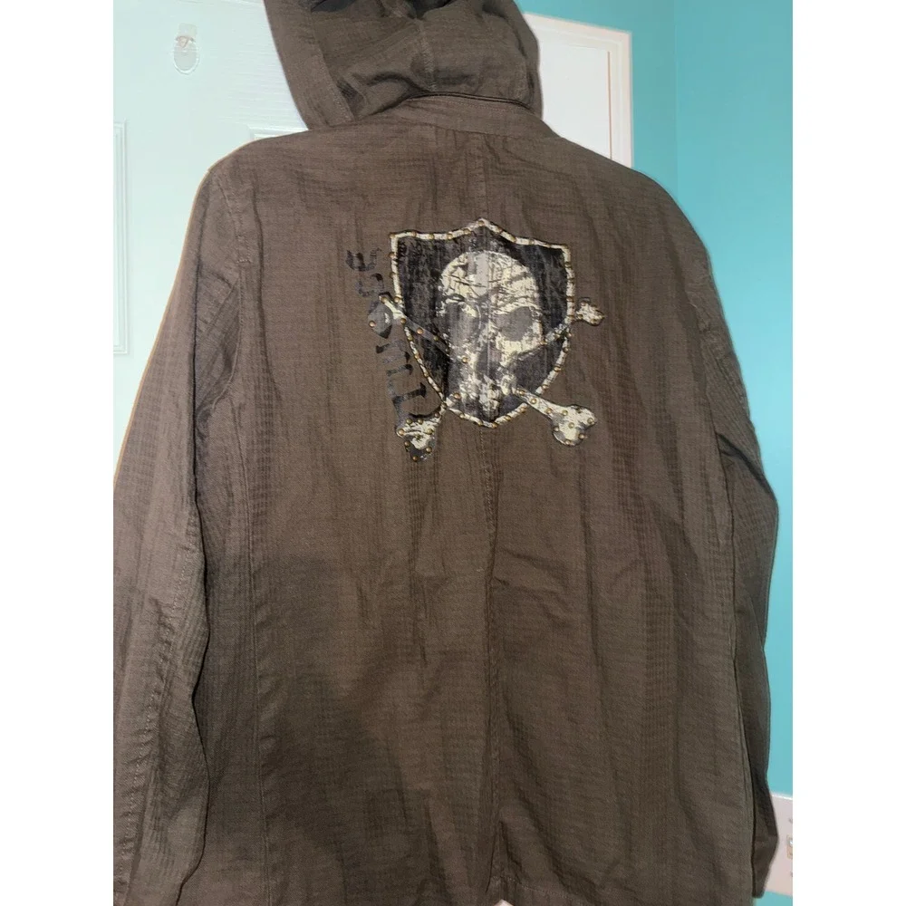 Twice Mens Hooded Field Jacket Olive Green Skull Graphic Studded Utility Coat L